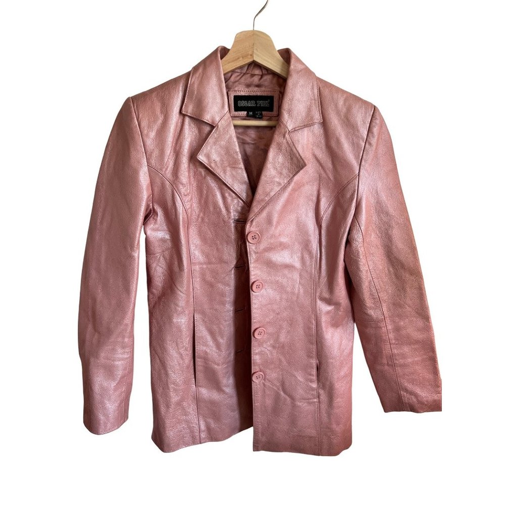 Oscar Piel Pink Leather Jacket Coat Blazer Women's Size Medium Metallic Collared